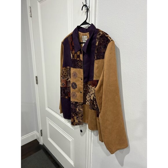 Vintage Napa Valley Patchwork Button Front Jacket Tan Purple Sz 3X Cottagecore - Picture 3 of 9